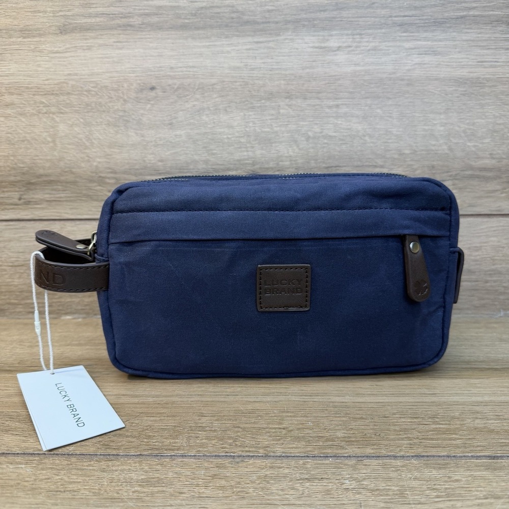 Lucky Brand Toiletry Bag Blue Waxed Canvas Leather Dopp Kit Travel Case NWT